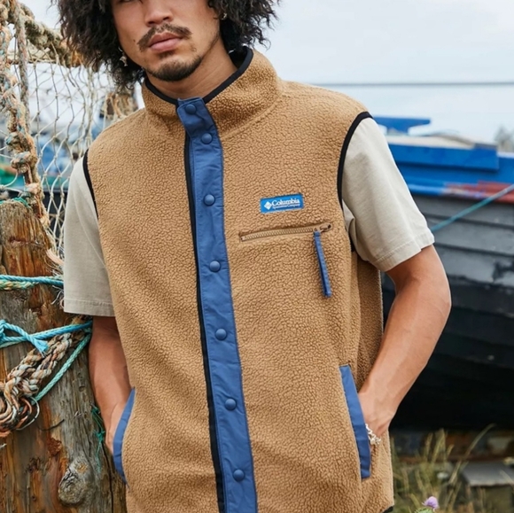 Columbia Vest Men's S Brown Colorblock Helvetia‎ II Sherpa Fleece Snap Retro - Picture 1 of 7